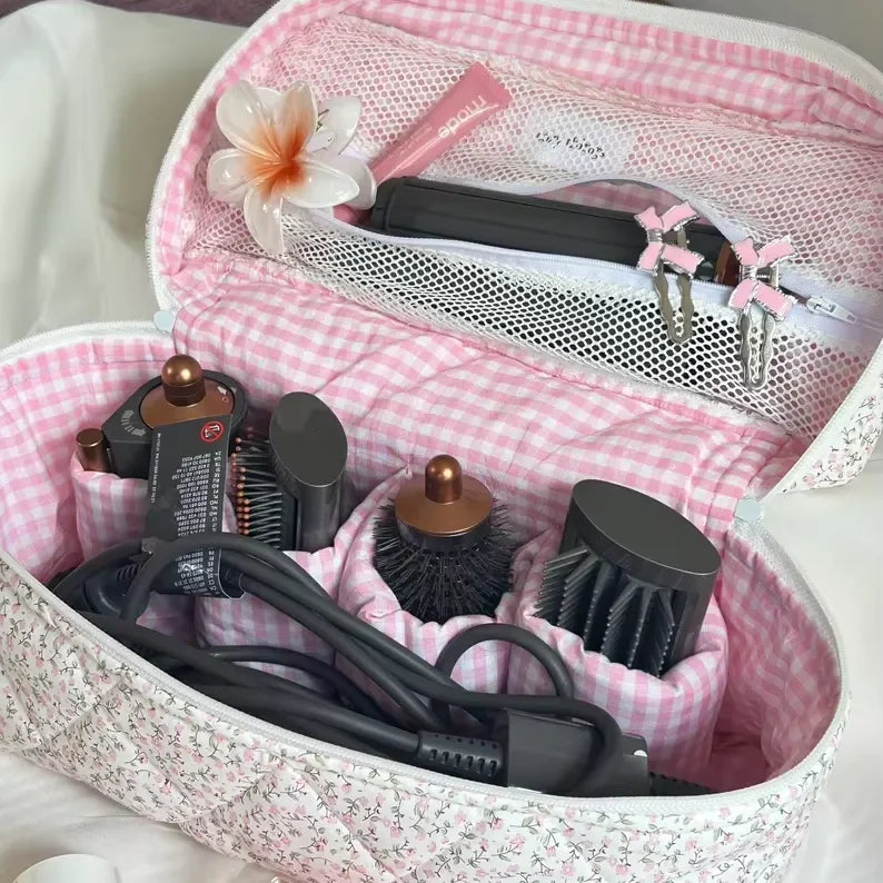 Handmade Cotton Quilted Big Makeup Case Personalized Travel Cosmetic Bag Custom Hair Tool Bag