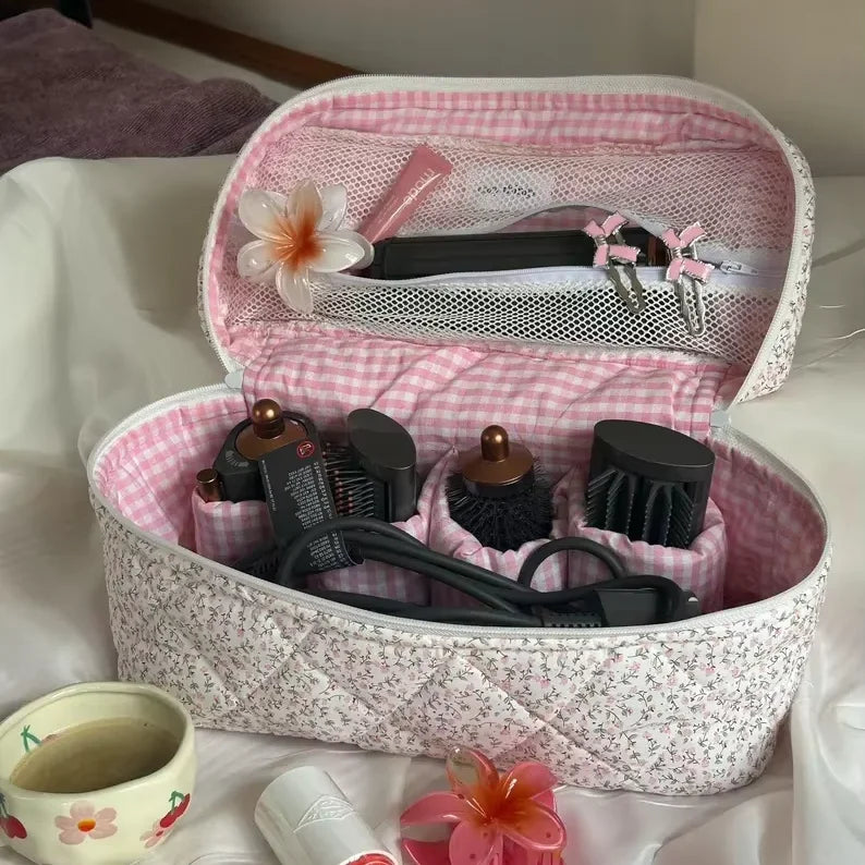 Handmade Cotton Quilted Big Makeup Case Personalized Travel Cosmetic Bag Custom Hair Tool Bag