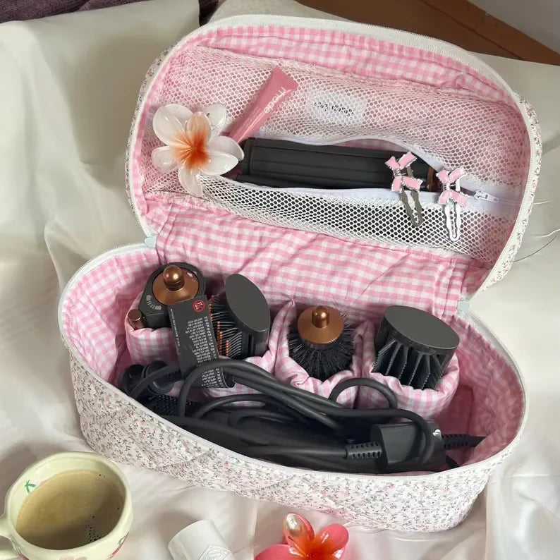 Handmade Cotton Quilted Big Makeup Case Personalized Travel Cosmetic Bag Custom Hair Tool Bag