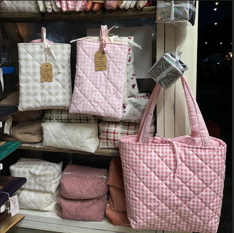 Handmade Cotton Shopping Bag Custom Quilted Tote Bag Summer Travel Gingham Tote Bag