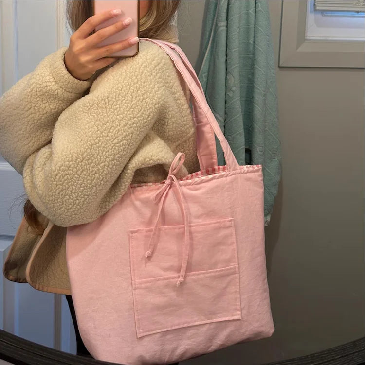 Handmade Cotton Shopping Bag Custom Quilted Tote Bag Summer Travel Gingham Tote Bag