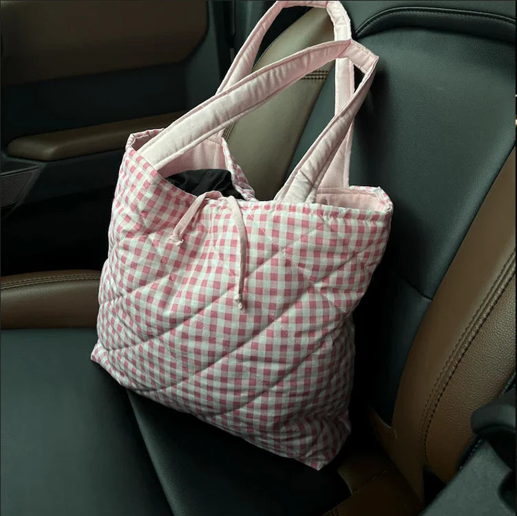 Handmade Cotton Shopping Bag Custom Quilted Tote Bag Summer Travel Gingham Tote Bag