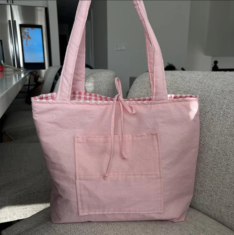 Handmade Cotton Shopping Bag Custom Quilted Tote Bag Summer Travel Gingham Tote Bag