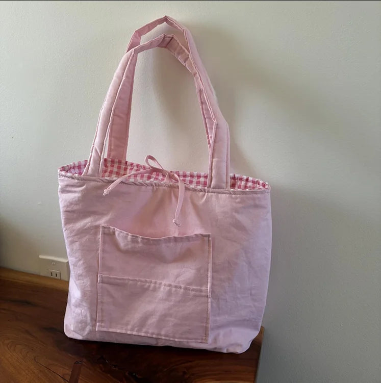 Handmade Cotton Shopping Bag Custom Quilted Tote Bag Summer Travel Gingham Tote Bag