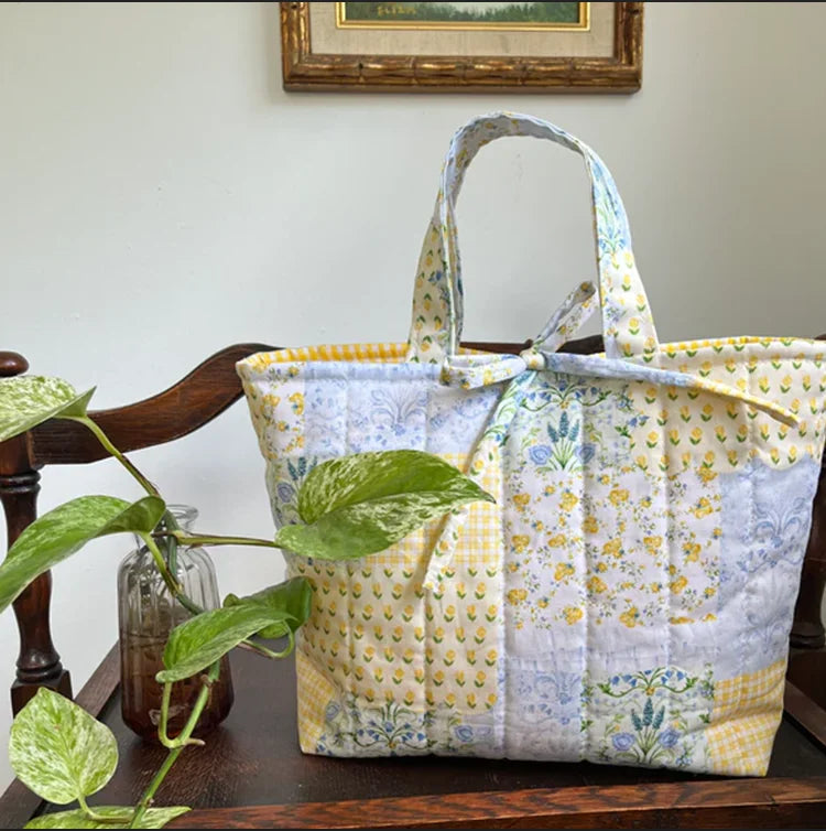 Handmade Cotton Tote Bag Personalized Quilted Book Bag Laptop Computer Carryall with Bow