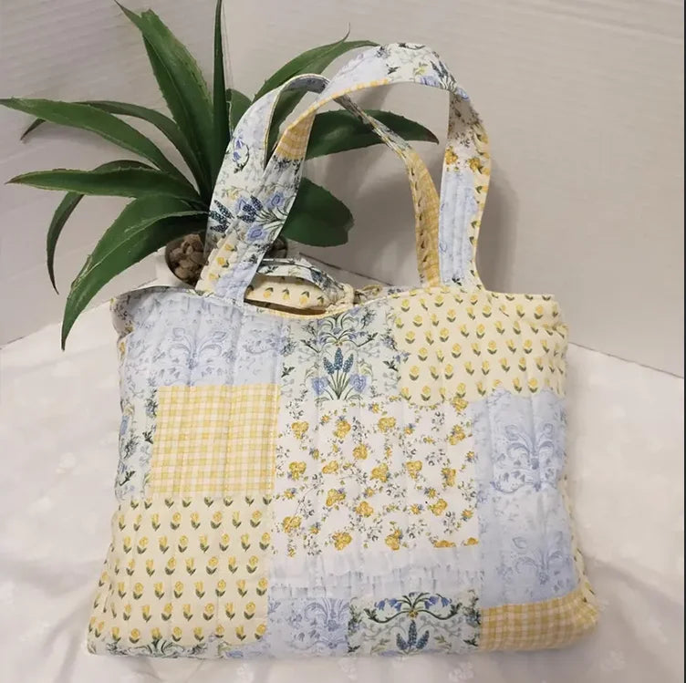 Handmade Cotton Tote Bag Personalized Quilted Book Bag Laptop Computer Carryall with Bow