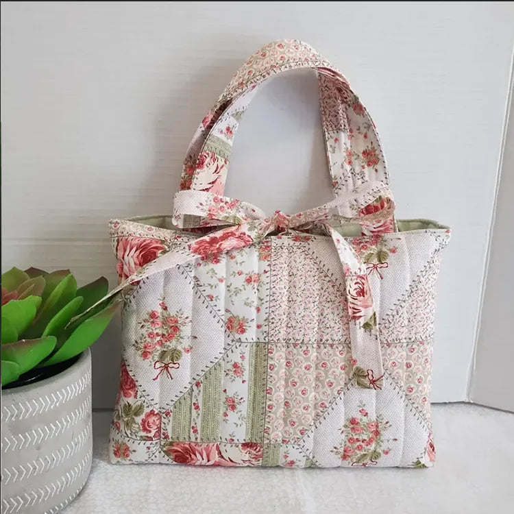 Handmade Cotton Tote Bag Personalized Quilted Book Bag Laptop Computer Carryall with Bow