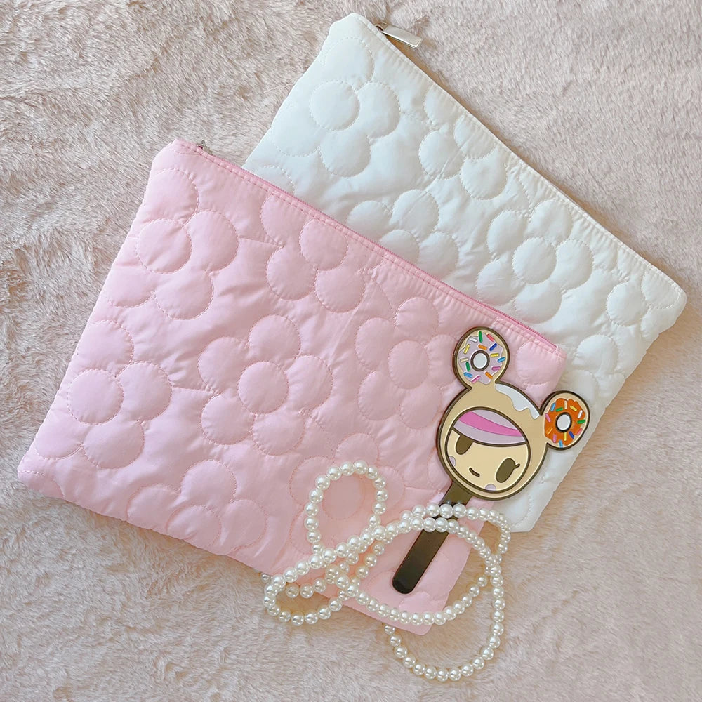 Handmade Cute Quilted Daisy Puffy Cosmetic Pouch Candy Color Cotton Women Clutch Bag