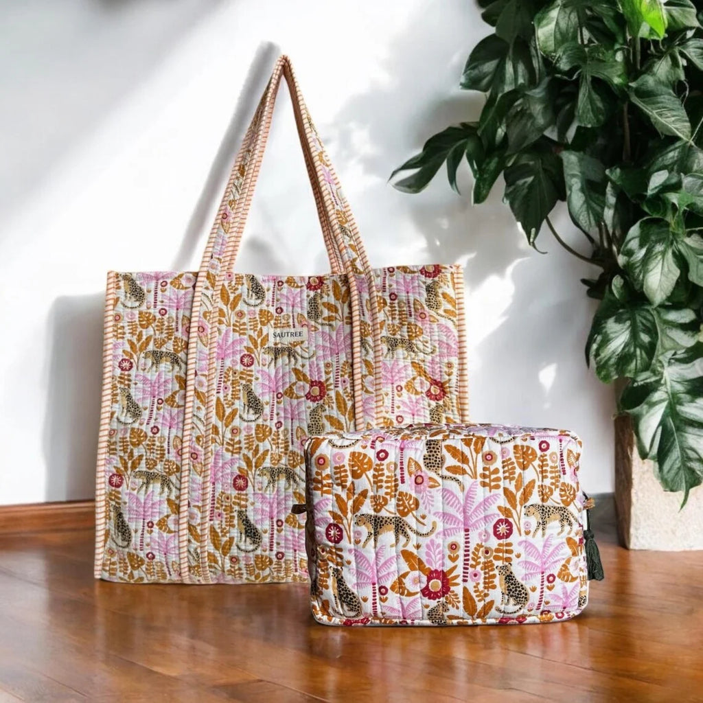 Handmade Lightweight Washable Durable Quilted Cotton Tote Bag Summer Autumn Floral Block Print Green Reversible Shoulder