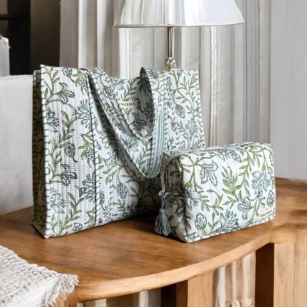Handmade Lightweight Washable Durable Quilted Cotton Tote Bag Summer Autumn Floral Block Print Green Reversible Shoulder