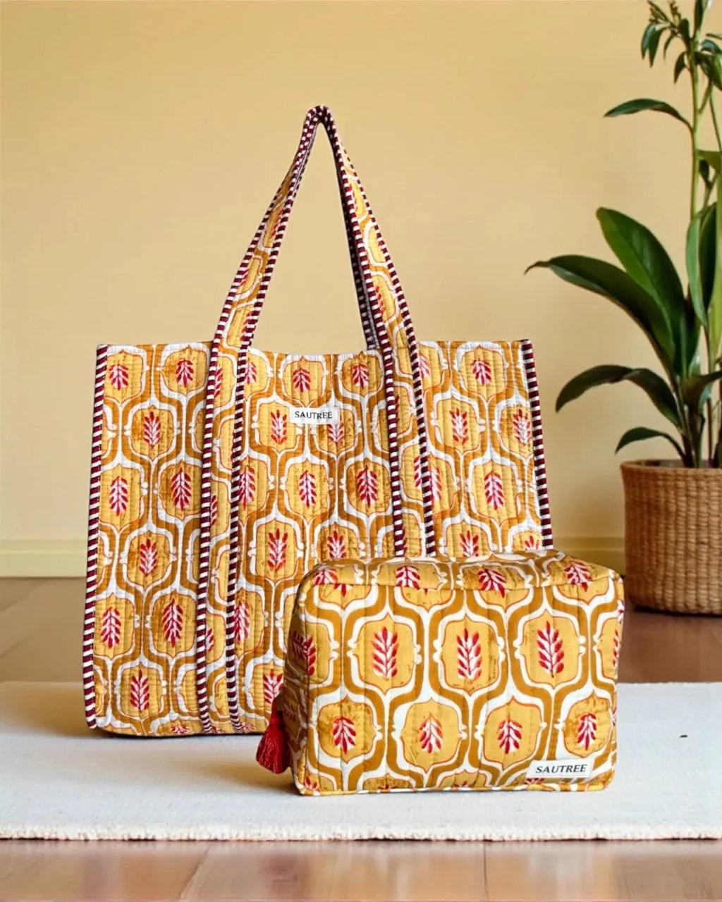 Handmade Lightweight Washable Durable Quilted Cotton Tote Bag Summer Autumn Floral Block Print Green Reversible Shoulder