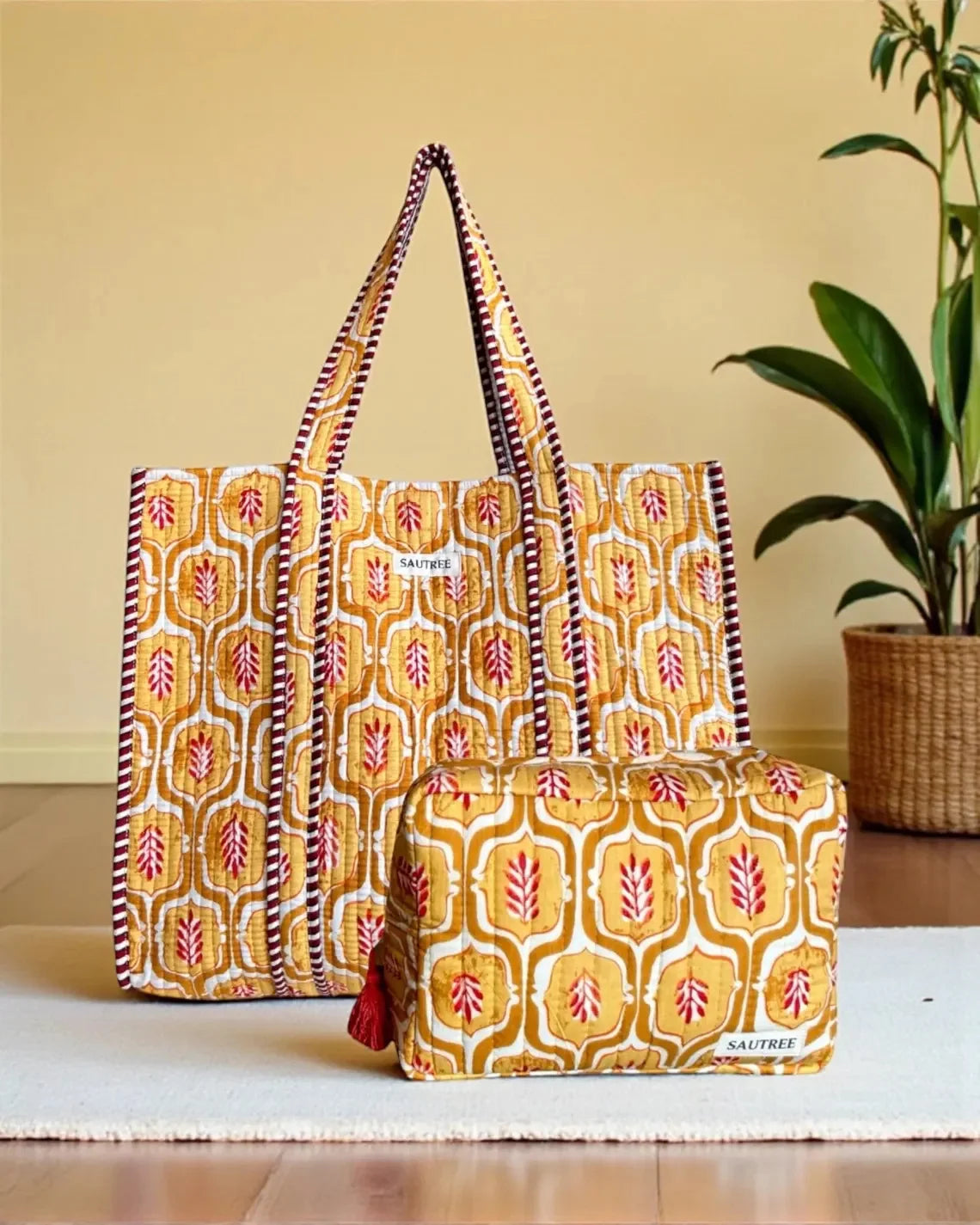 Handmade Lightweight Washable Durable Quilted Cotton Tote Bag Summer Autumn Floral Block Print Green Reversible Shoulder