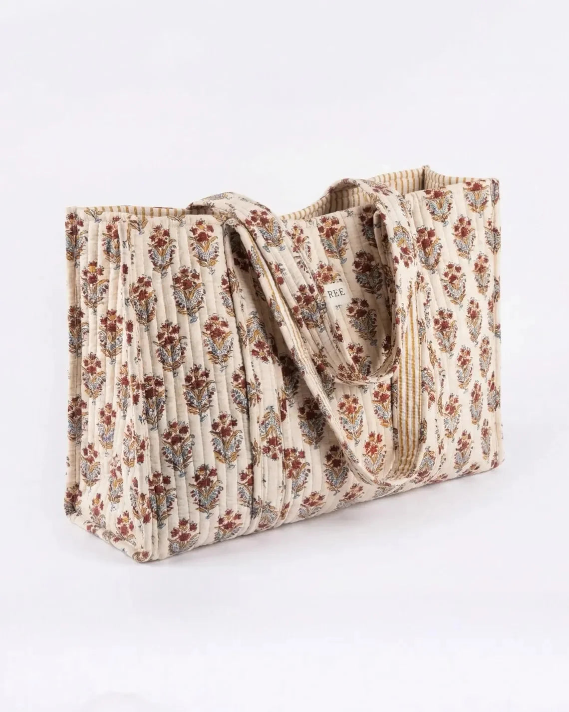 Handmade Lightweight Washable Durable Quilted Cotton Tote Bag Summer Autumn Floral Block Print Green Reversible Shoulder