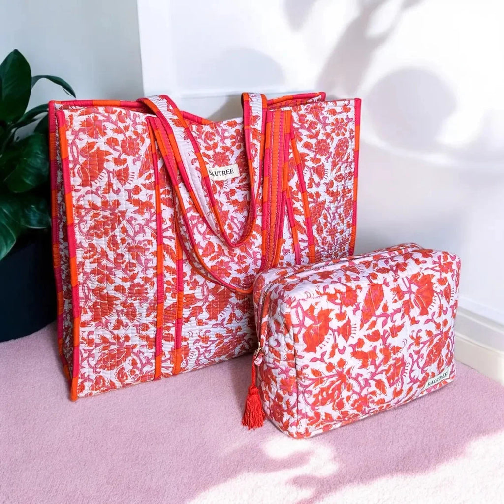Handmade Lightweight Washable Durable Quilted Cotton Tote Bag Summer Autumn Floral Block Print Green Reversible Shoulder