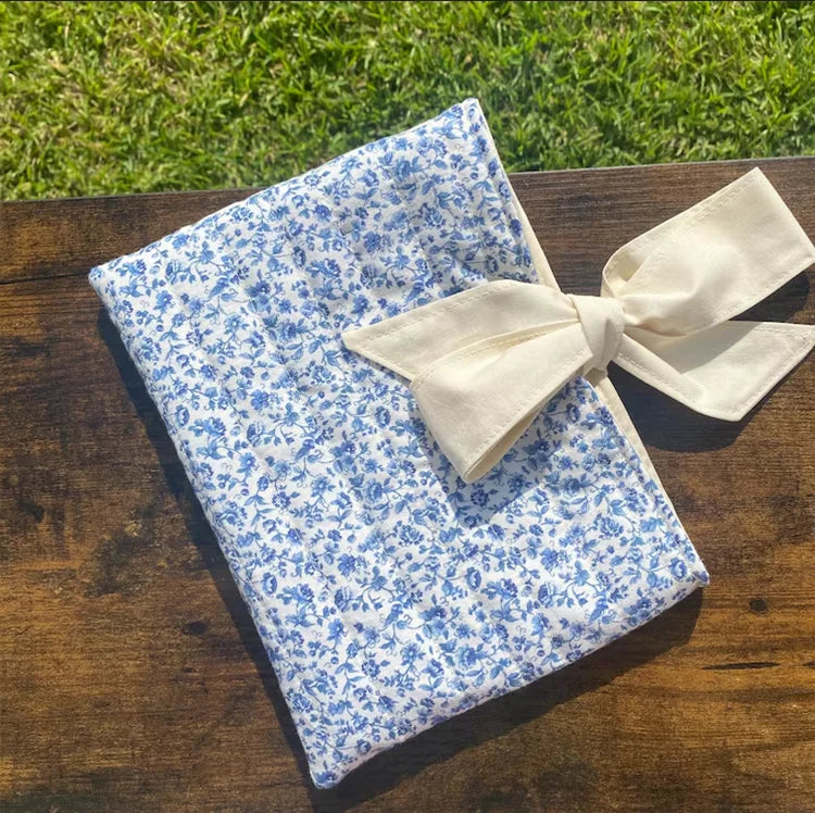 Handmade Quilted Book Sleeve Custom Flower Makeup Bag Personalized Floral Book Protector Soft Cotton Book Sleeve with Bow