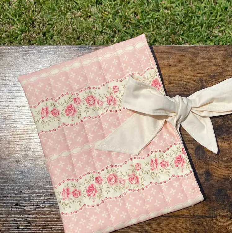 Handmade Quilted Book Sleeve Custom Flower Makeup Bag Personalized Floral Book Protector Soft Cotton Book Sleeve with Bow