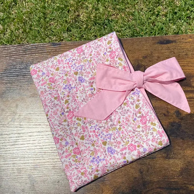 Handmade Quilted Book Sleeve Custom Flower Makeup Bag Personalized Floral Book Protector Soft Cotton Book Sleeve with Bow