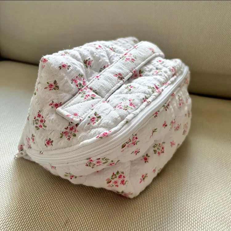 Handmade Quilted Pink Floral Makeup Bag Large Capacity Travel Toiletry Case with Handle Personalized Soft Skincare Cosmetic Bags