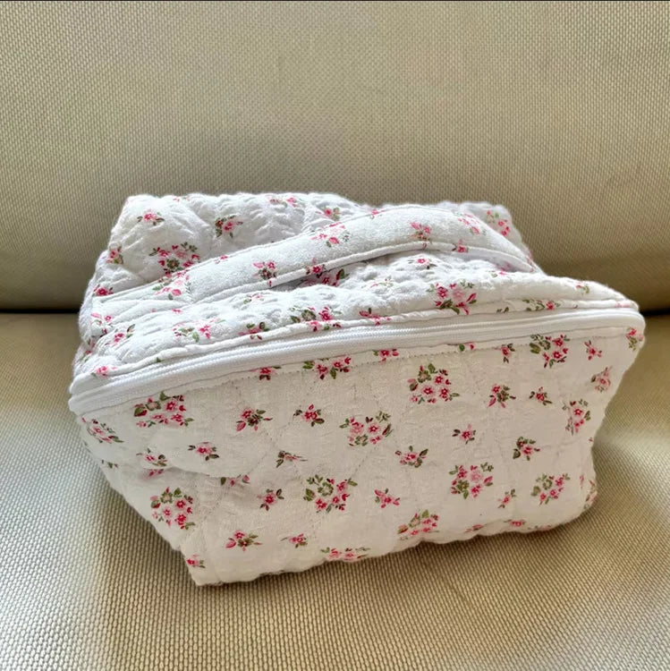 Handmade Quilted Pink Floral Makeup Bag Large Capacity Travel Toiletry Case with Handle Personalized Soft Skincare Cosmetic Bags