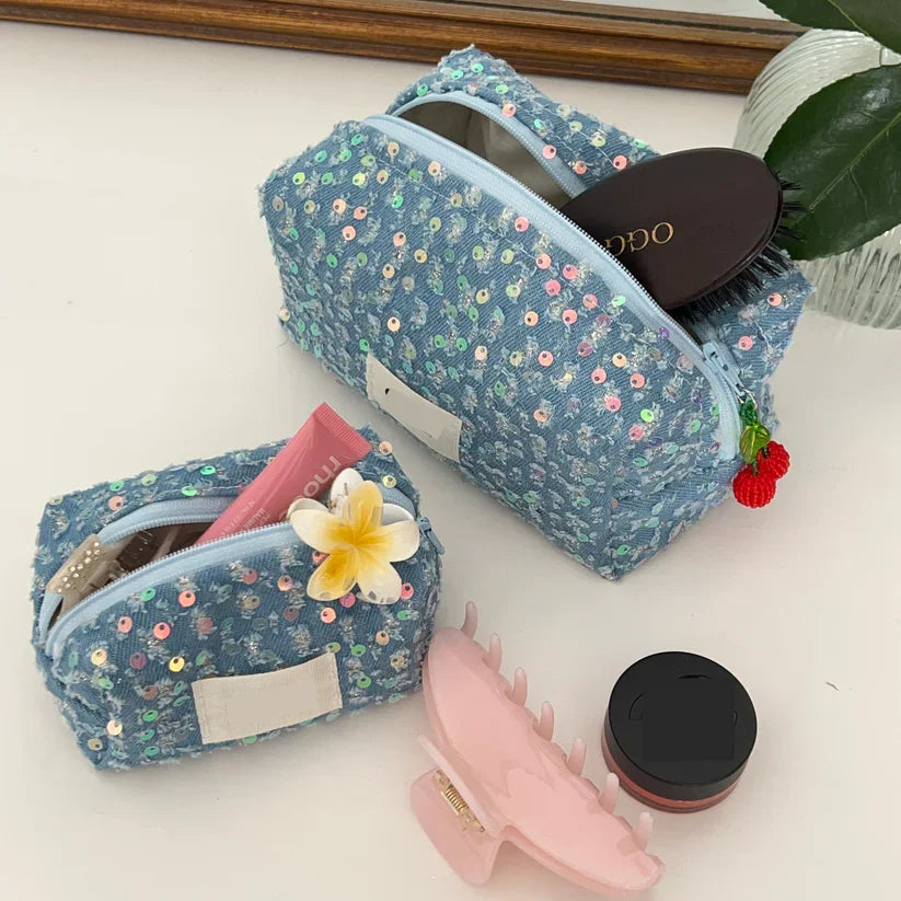 Handmade Shimmering Sequins Makeup Bag Blue Cosmetic Bag Small Travel Toiletry Organizer Gorgeous Zipper Pouch
