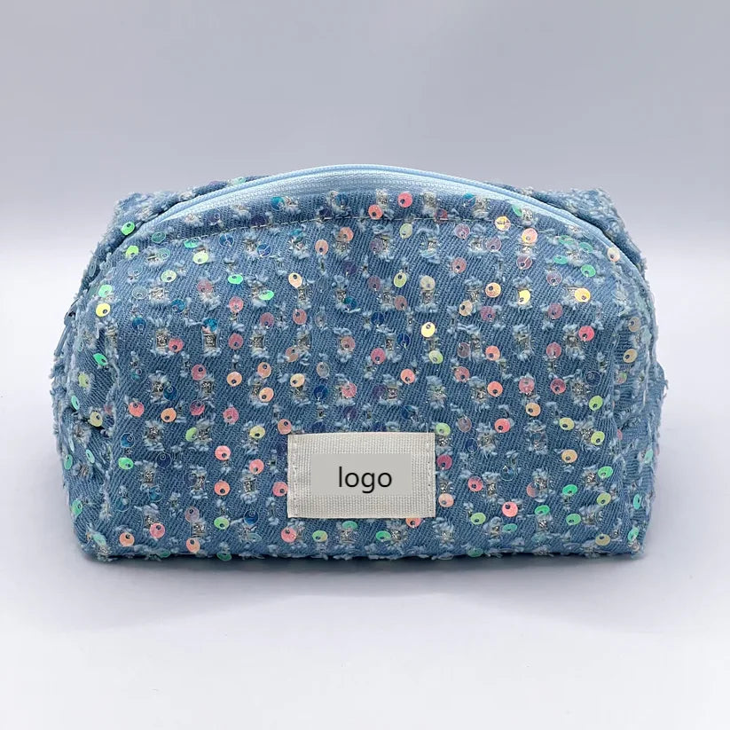 Handmade Shimmering Sequins Makeup Bag Blue Cosmetic Bag Small Travel Toiletry Organizer Gorgeous Zipper Pouch