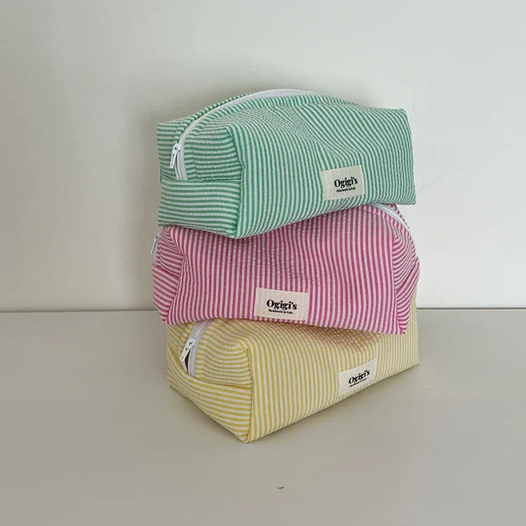 Handmade Striped Cosmetic Bag Quilted Blue Gingham Makeup Bag Personalized Soft Cotton Toiletry Bag