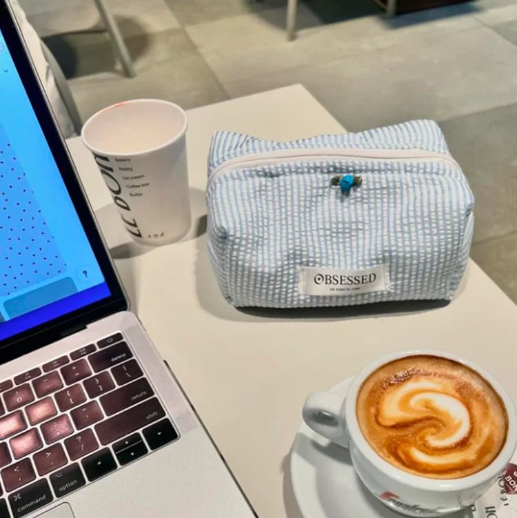 Handmade Striped Cosmetic Bag Quilted Blue Gingham Makeup Bag Personalized Soft Cotton Toiletry Bag