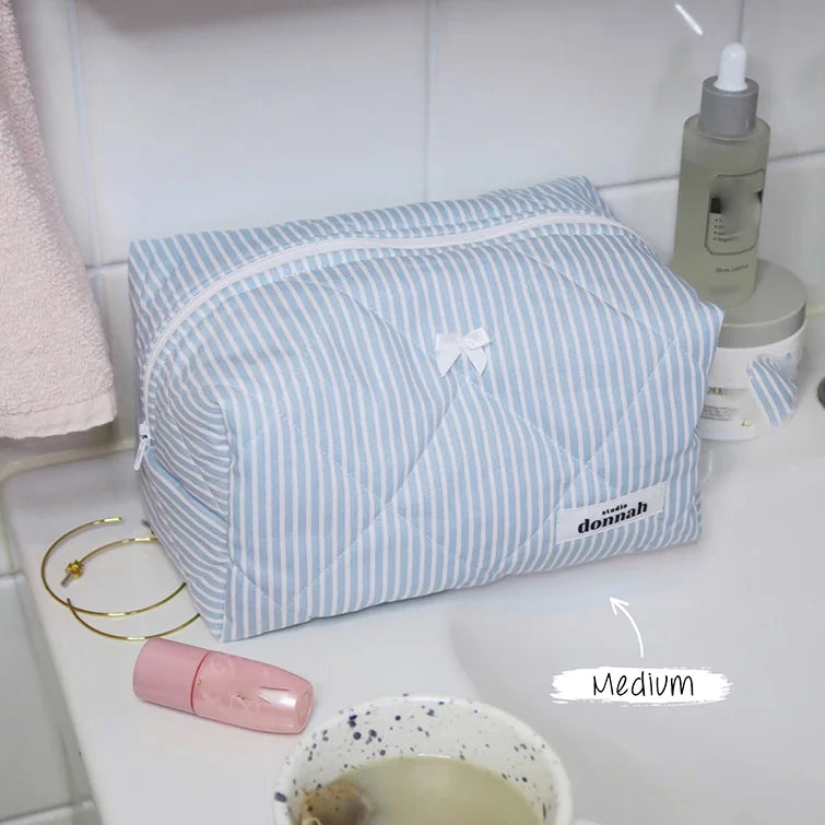 Handmade Striped Cosmetic Bag Quilted Blue Gingham Makeup Bag Personalized Soft Cotton Toiletry Bag