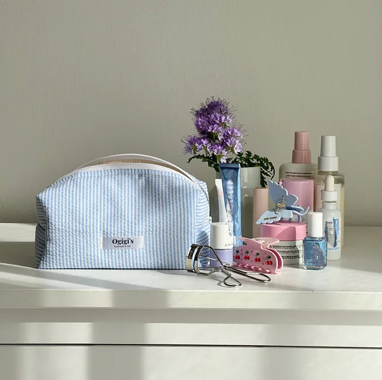 Handmade Striped Cosmetic Bag Quilted Blue Gingham Makeup Bag Personalized Soft Cotton Toiletry Bag