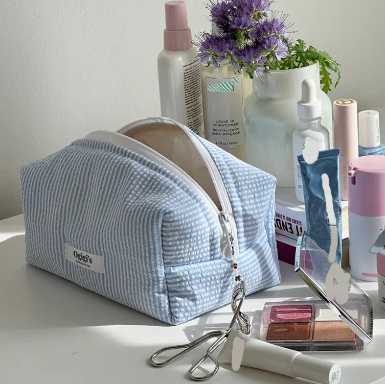 Handmade Striped Cosmetic Bag Quilted Blue Gingham Makeup Bag Personalized Soft Cotton Toiletry Bag