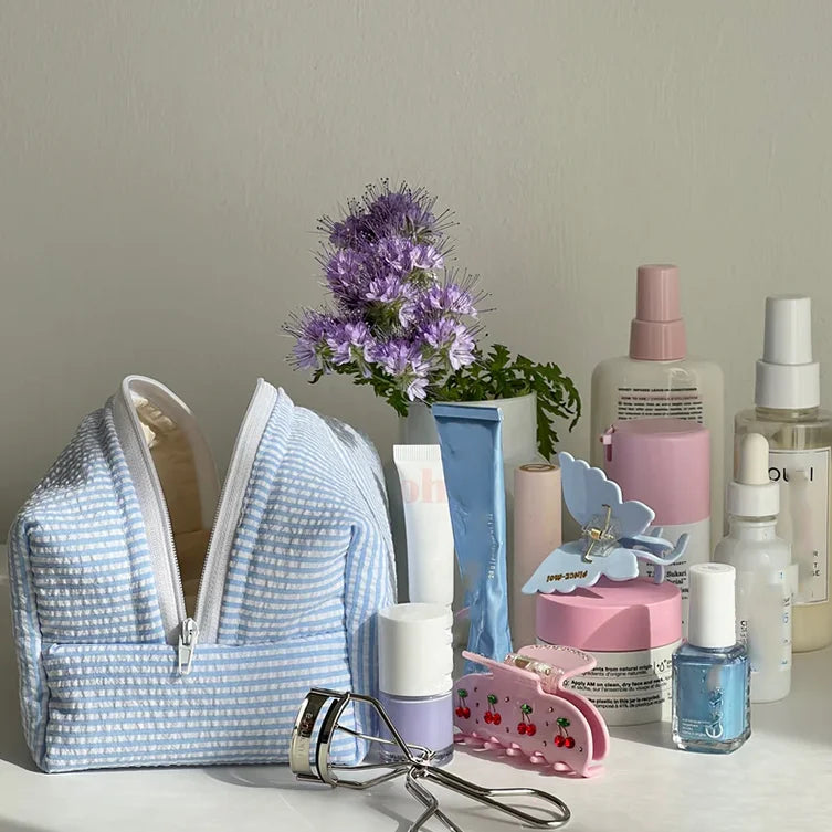 Handmade Striped Cosmetic Bag Quilted Blue Gingham Makeup Bag Personalized Soft Cotton Toiletry Bag