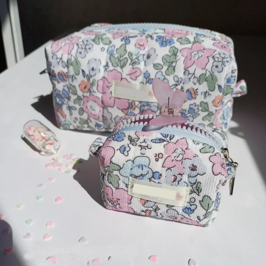 Handmade pink Flower Make up Bags Medium Travel Foldable Quilted Beauty Pouches Multifunction Corduroy Cosmetics Organizer Bags
