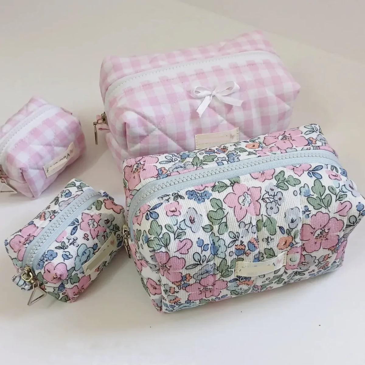 Handmade pink Flower Make up Bags Medium Travel Foldable Quilted Beauty Pouches Multifunction Corduroy Cosmetics Organizer Bags