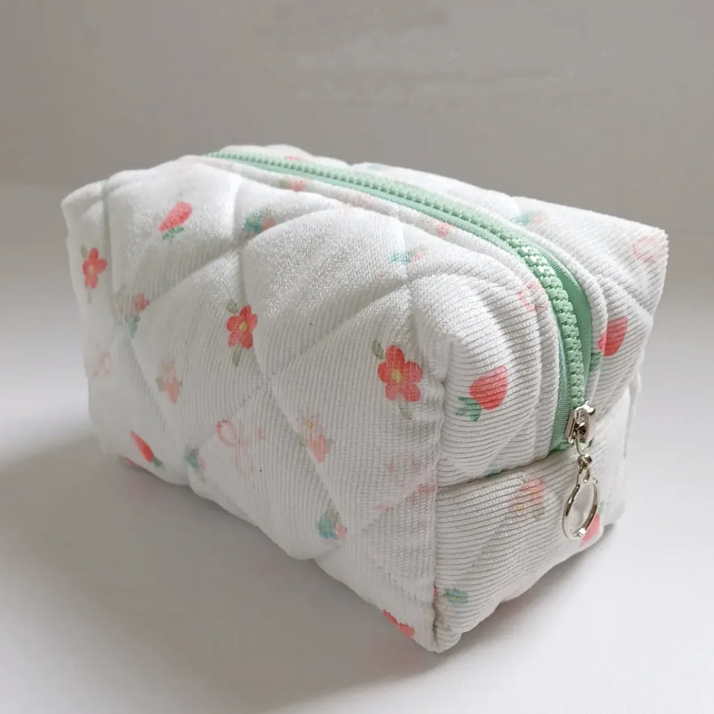 Handmade pink Flower Make up Bags Medium Travel Foldable Quilted Beauty Pouches Multifunction Corduroy Cosmetics Organizer Bags