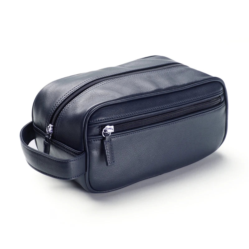 High Quality Luxurious Black Double Zip Mens Leather Toiletry Bags Wash Bag for Men