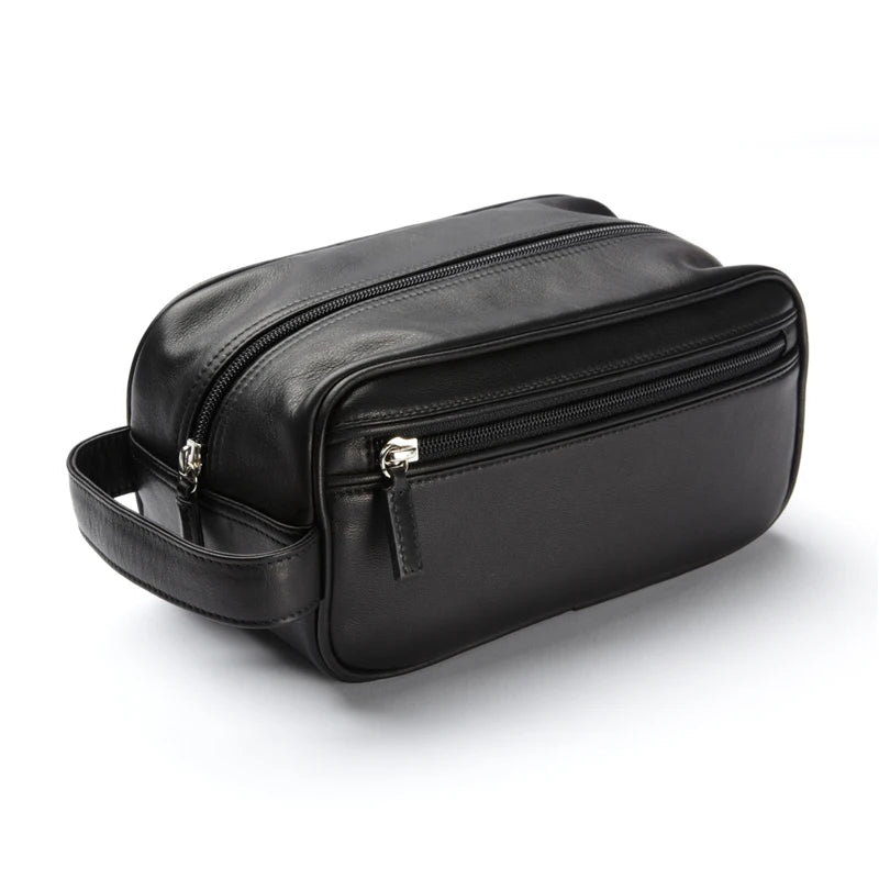 High Quality Luxurious Black Double Zip Mens Leather Toiletry Bags Wash Bag for Men