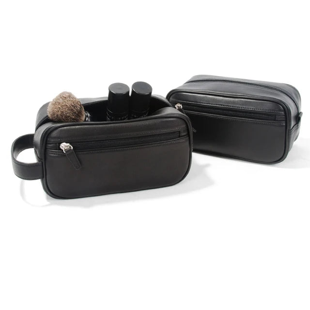 High Quality Luxurious Black Double Zip Mens Leather Toiletry Bags Wash Bag for Men