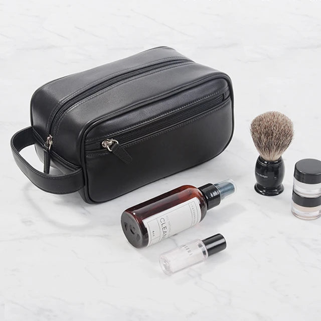 High Quality Luxurious Black Double Zip Mens Leather Toiletry Bags Wash Bag for Men