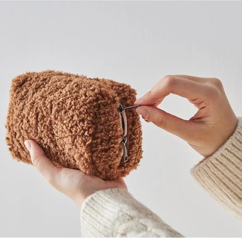 Hot Sale Makeup Bag Super Soft Teddy Toiletry Bag for Women Camel Tan Brown Make up Bag