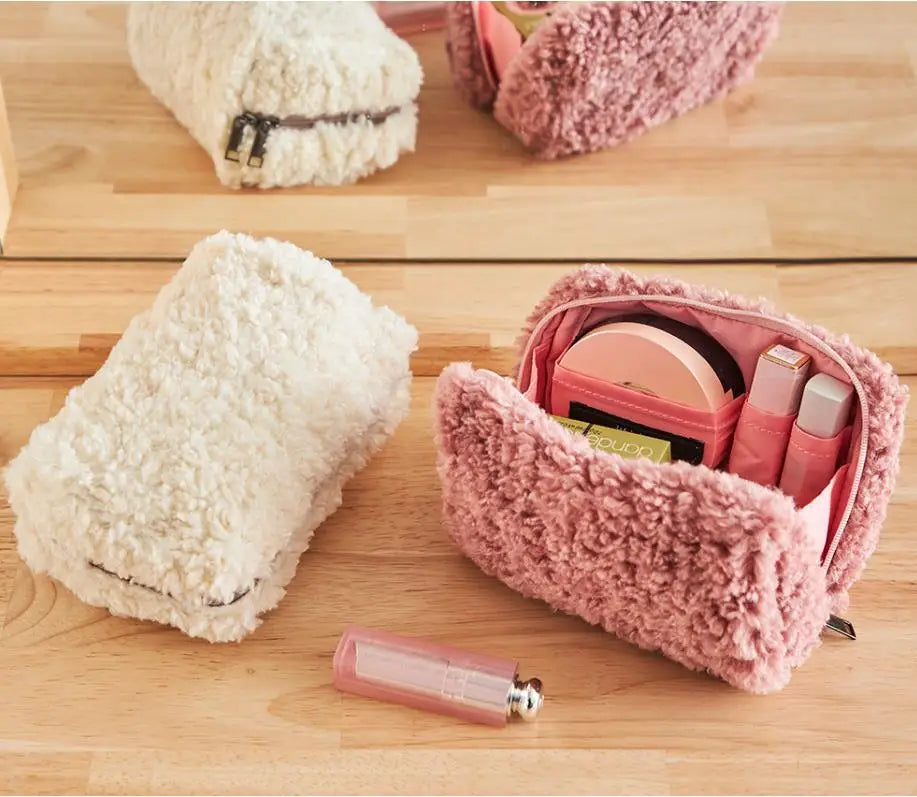 Hot Sale Makeup Bag Super Soft Teddy Toiletry Bag for Women Camel Tan Brown Make up Bag