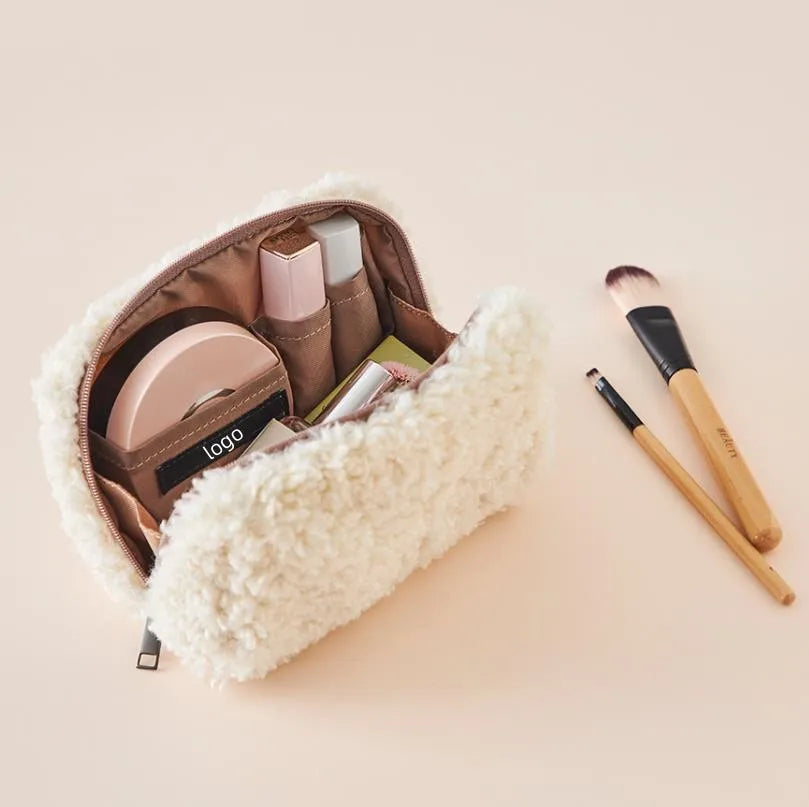 Hot Sale Makeup Bag Super Soft Teddy Toiletry Bag for Women Camel Tan Brown Make up Bag