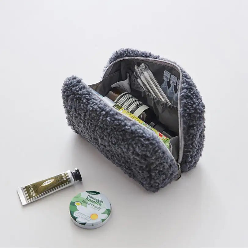 Hot Sale Makeup Bag Super Soft Teddy Toiletry Bag for Women Camel Tan Brown Make up Bag