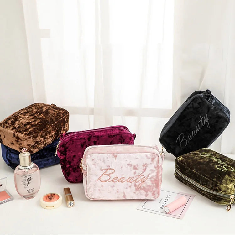 Hot Sale Velvet Women Makeup Bag Brush Cosmetic Pouch Toiltery Bag with Embroidery
