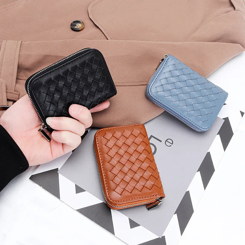 Hot Selling Genuine Leather Card Bags Wallets Wholesale or Custom Sheepskin Woven Small Card Holder Purse