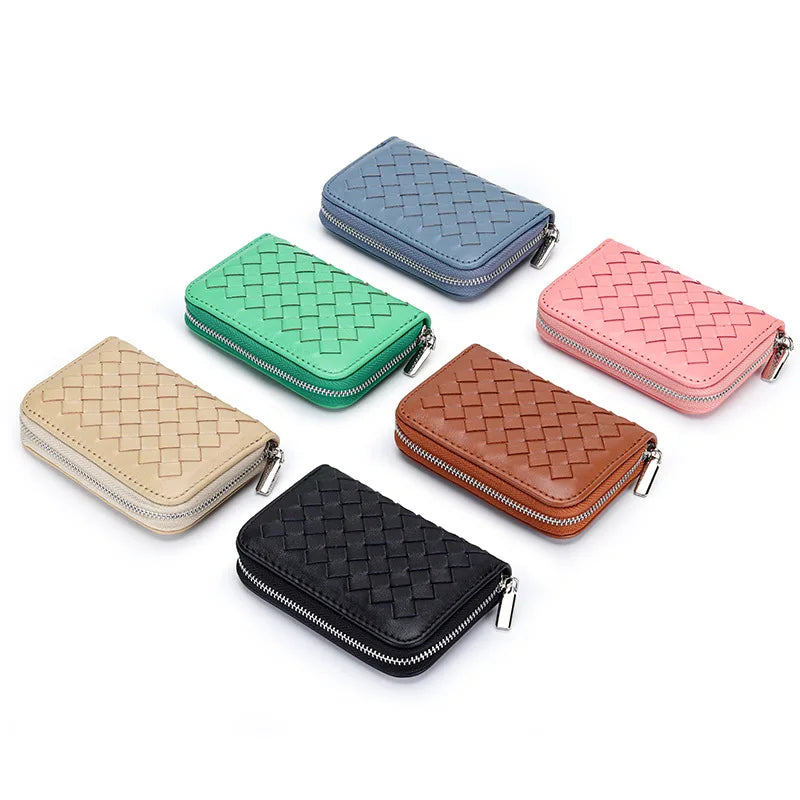 Hot Selling Genuine Leather Card Bags Wallets Wholesale or Custom Sheepskin Woven Small Card Holder Purse