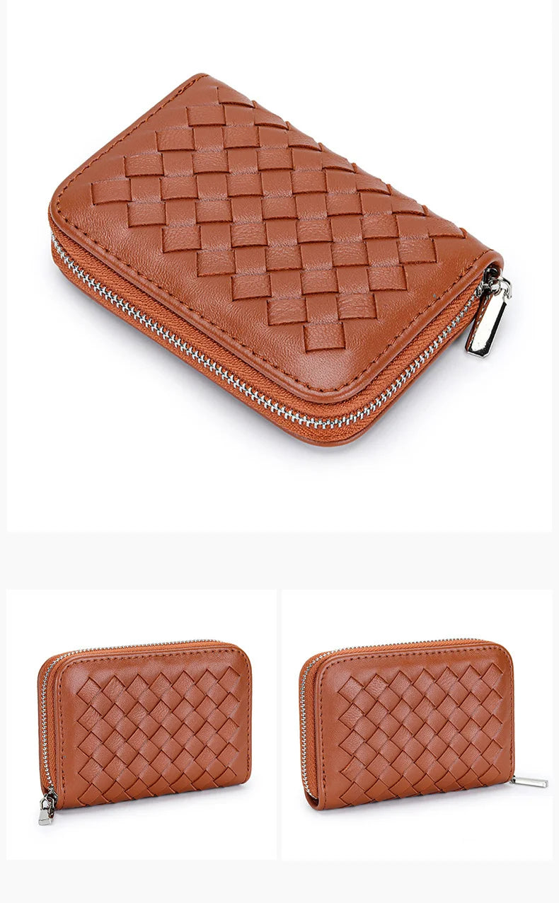 Hot Selling Genuine Leather Card Bags Wallets Wholesale or Custom Sheepskin Woven Small Card Holder Purse