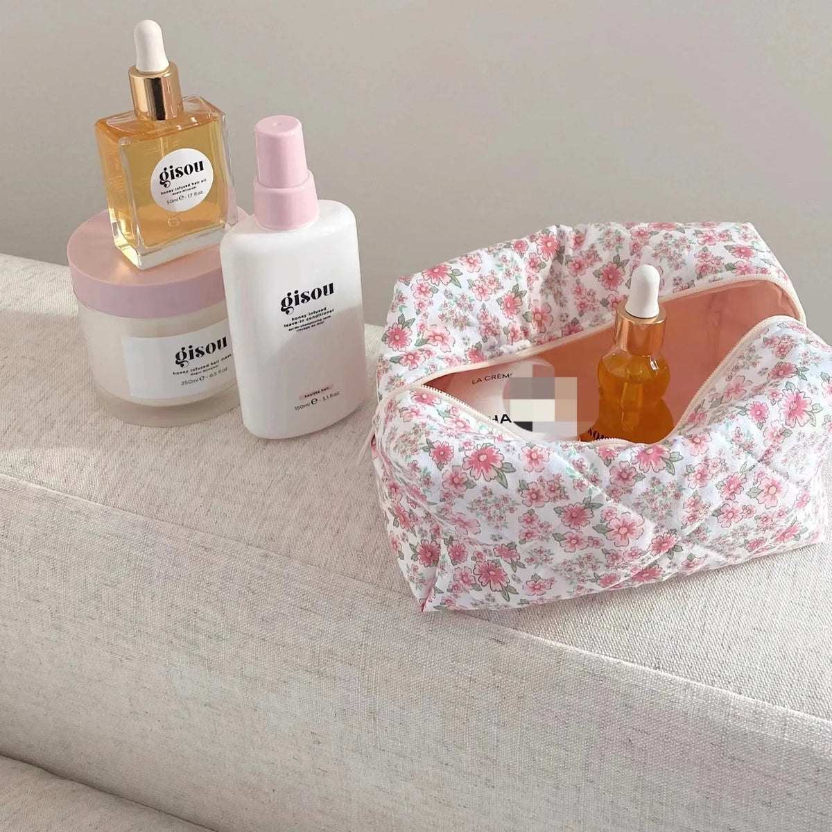 INS Popular Cute Design Travel Toiletry Cosmetic Pouch Handmade Pink Floral Quilted Makeup Bag