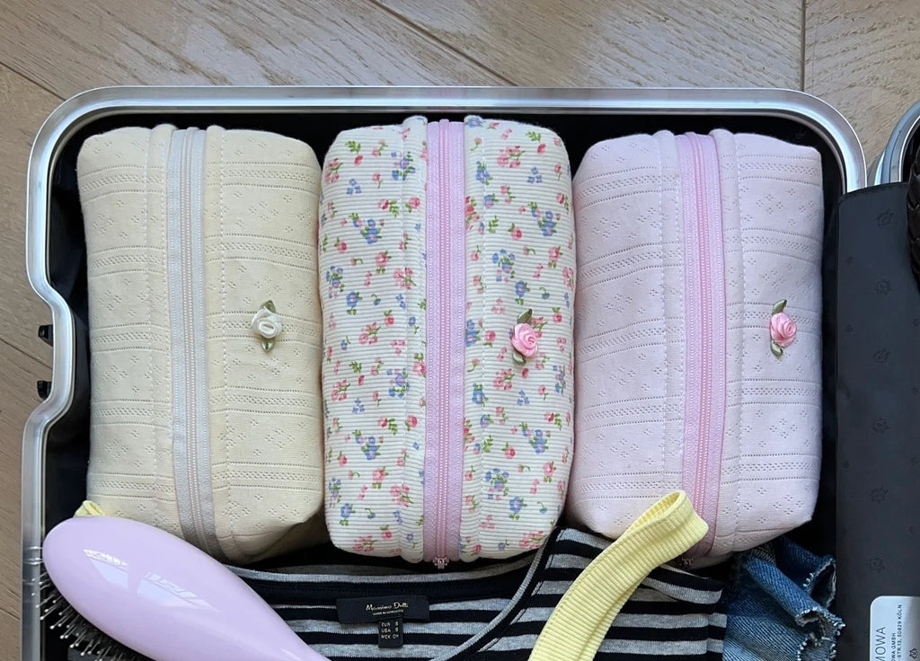 Ins Hot Selling Customized Makeup Bag Cotton Women Travel Cosmetic Bag Quilted Make up Pouch With Accessories and Zipper