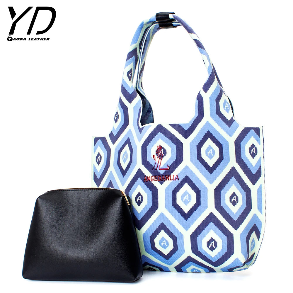 Knitted Fabric Shoulder Bag Women Handbag Eco Wool Crochet Ladies Geometric Tote Hand Bags