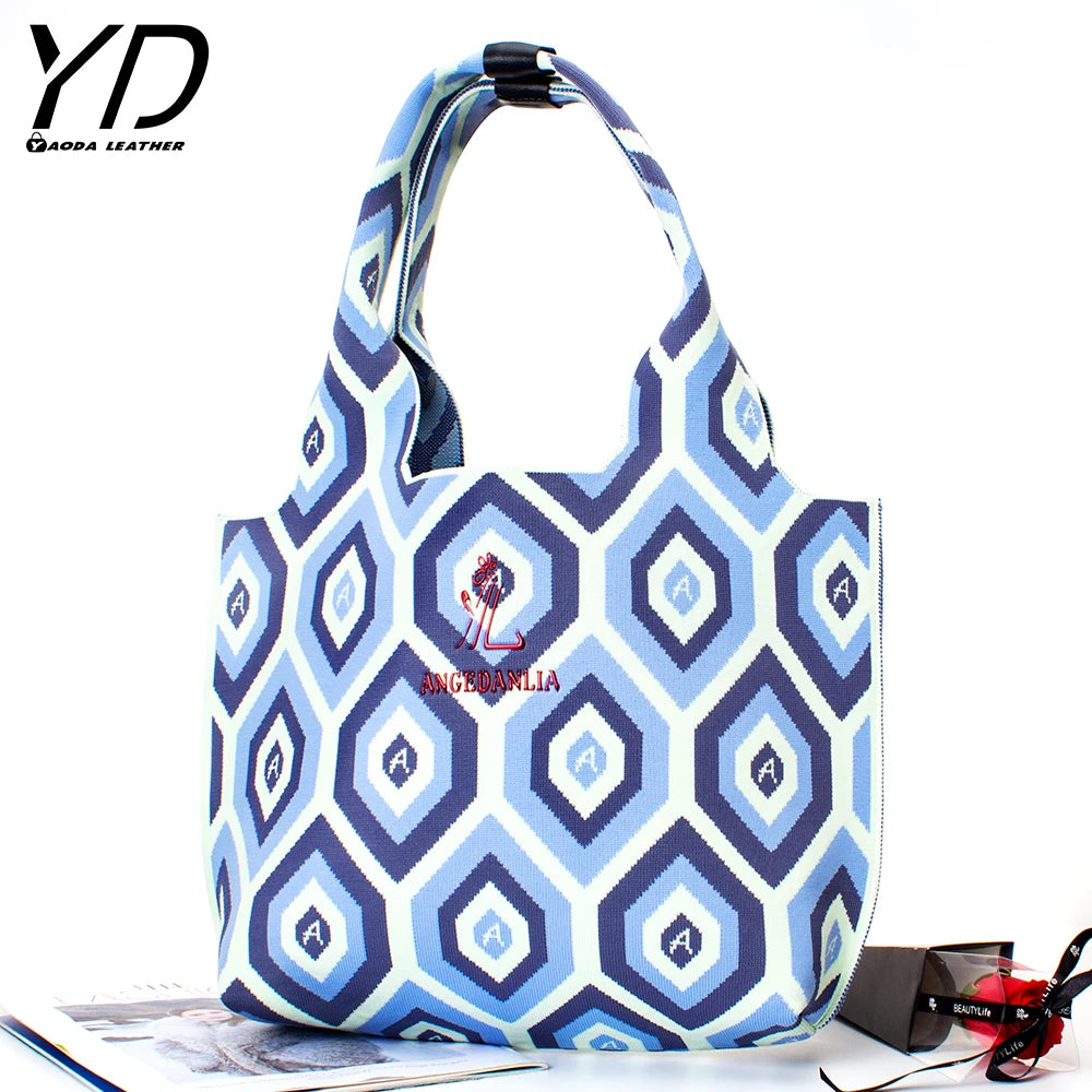 Knitted Fabric Shoulder Bag Women Handbag Eco Wool Crochet Ladies Geometric Tote Hand Bags